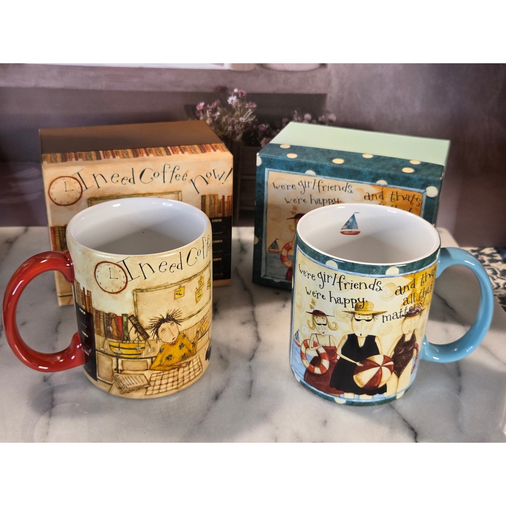 Lang Dan DiPaolo Ceramic Mug Set I Need Coffee Now & Girlfriends with Gift Boxes